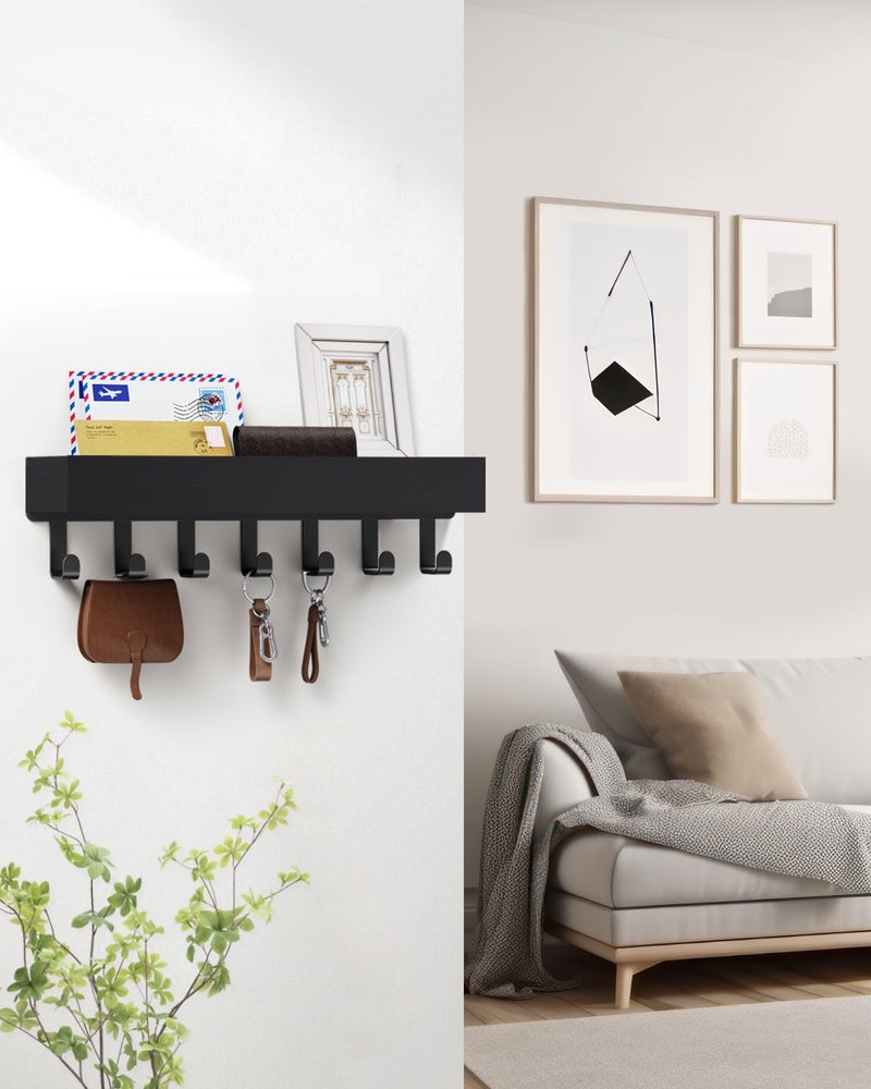 ROPALINS Key Holder Wall Mount Adhesive Magnetic - Hanging Key Hooks with Mail Organizer Tray for Wallet House - Keys Hanger Rack with Shelf for Camper Entryway Door Home Living Room Decor Large Black - Image 2