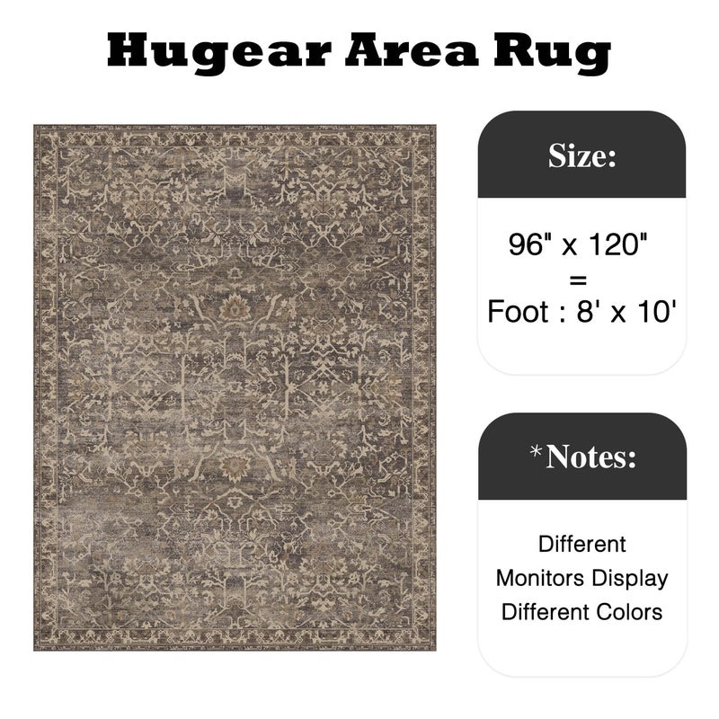 HUGEAR Area Rug 8x10 Retro Brown Machine Washable Living Room Rugs Distressed Vintage Floral Vacuumable Low Pile Carpet Bedroom Office Dining Room Laundry Room Non Slip Soft Lightweight - Image 2