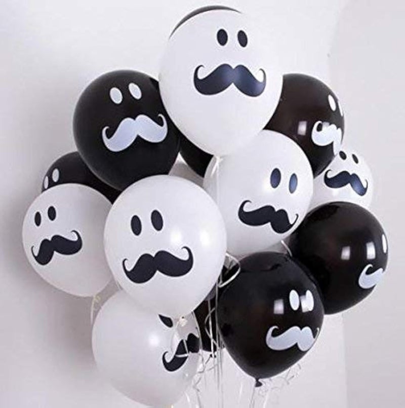 Hk Balloons 30Pcs Printed Balloons Birthday Decoration Items Theme Party Decoration Balloon for Birthday Anniversary Fatherhood (Black & White Mustache Printed Balloons) - Rubber - Image 1