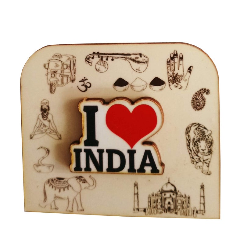 Purpledip Wooden Fridge Magnet I Love India 11464