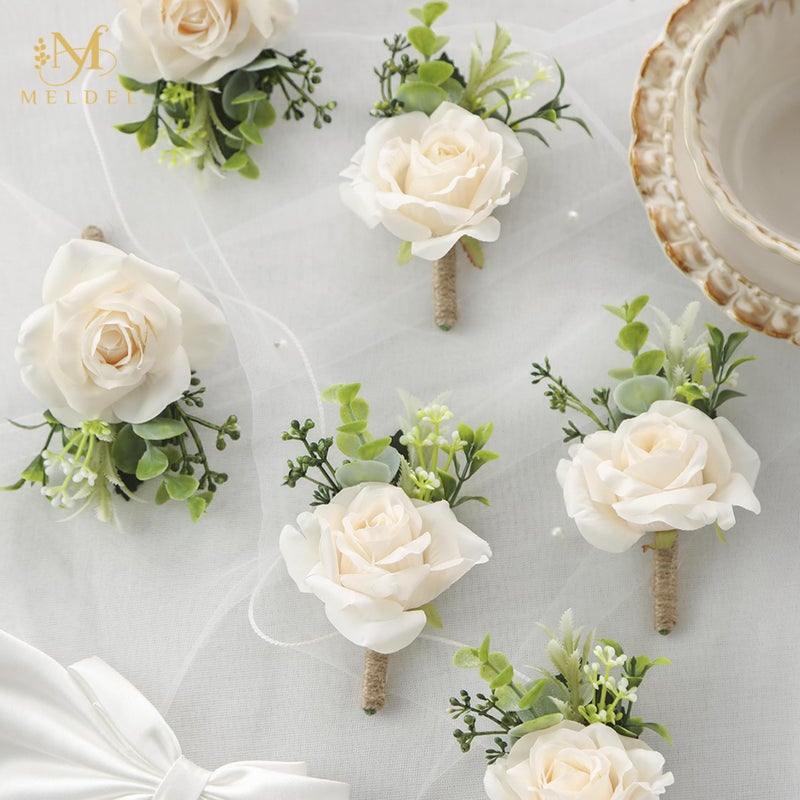 Meldel Boutonniere for Men Wedding, Set of 6, Artificial Champagne Rose Flower Corsage for Groom and Best Man, Ceremony Anniversary Formal Dinner Party, Fall Vintage Rustic Marriage Prom Decor - Image 3