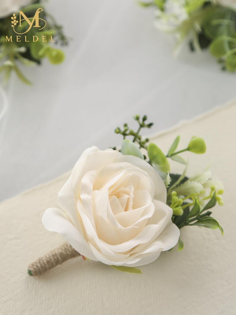 Meldel Boutonniere for Men Wedding, Set of 6, Artificial Champagne Rose Flower Corsage for Groom and Best Man, Ceremony Anniversary Formal Dinner Party, Fall Vintage Rustic Marriage Prom Decor - Image 4