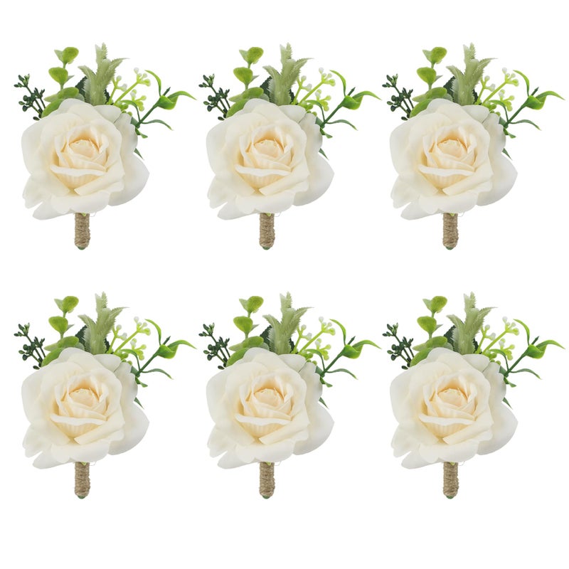 Meldel Boutonniere for Men Wedding, Set of 6, Artificial Champagne Rose Flower Corsage for Groom and Best Man, Ceremony Anniversary Formal Dinner Party, Fall Vintage Rustic Marriage Prom Decor - Image 1