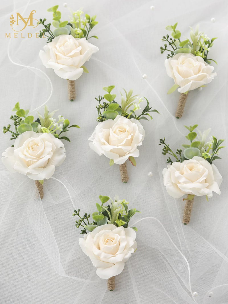 Meldel Boutonniere for Men Wedding, Set of 6, Artificial Champagne Rose Flower Corsage for Groom and Best Man, Ceremony Anniversary Formal Dinner Party, Fall Vintage Rustic Marriage Prom Decor - Image 2