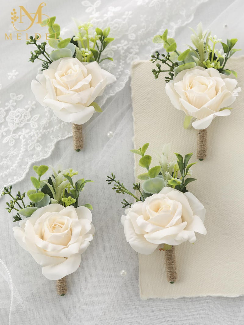 Meldel Boutonniere for Men Wedding, Set of 6, Artificial Champagne Rose Flower Corsage for Groom and Best Man, Ceremony Anniversary Formal Dinner Party, Fall Vintage Rustic Marriage Prom Decor - Image 5