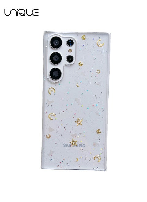 For Galaxy S24 Ultra Phone Case - Star & Moon Theme - Transparent & Design Sparkling Stars & Moon - Durable Shock Resistant Transparent Phone Case Ladies Girl
