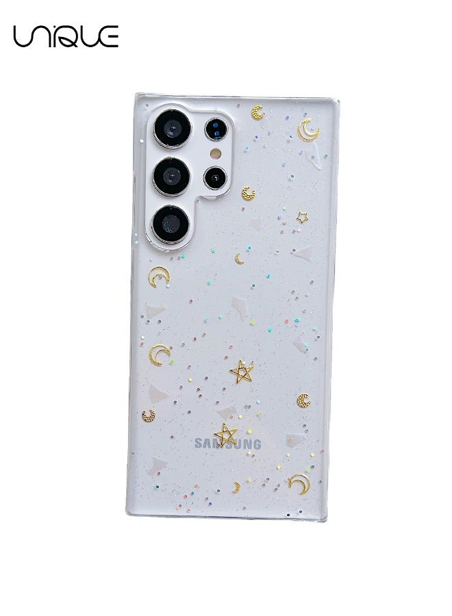 Unique For Galaxy S24 Ultra Phone Case - Star & Moon Theme - Transparent & Design Sparkling Stars & Moon - Durable Shock Resistant Transparent Phone Case Ladies Girl - Image 1