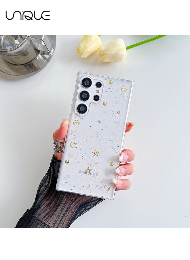 Unique For Galaxy S24 Ultra Phone Case - Star & Moon Theme - Transparent & Design Sparkling Stars & Moon - Durable Shock Resistant Transparent Phone Case Ladies Girl - Image 3