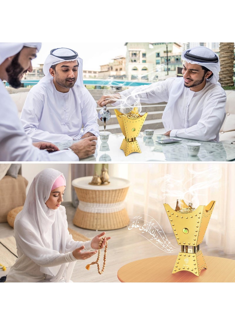 عود بخور مبخرة كهربائية معدنية بتصميم ديكوري للعلاج بالروائح العطرية مع مكبر صوت للقرآن الكريم باللون الذهبي  - Image 3