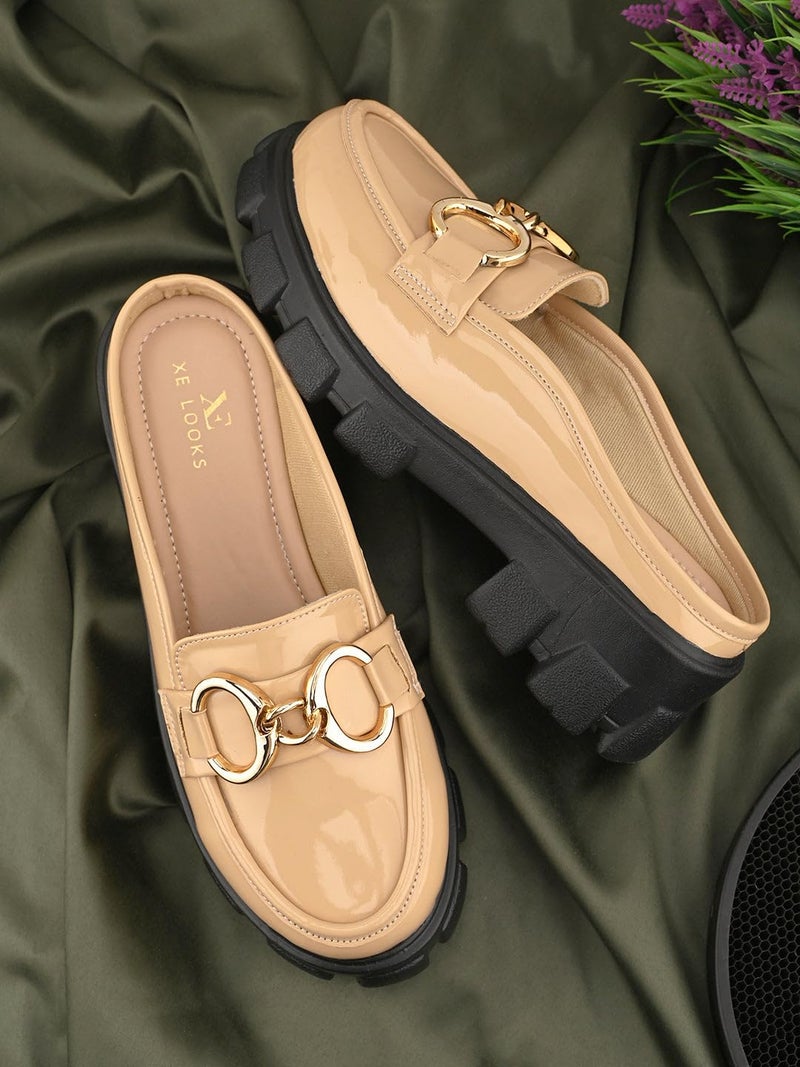 XE Looks Stylish Patent Beige Loafers with Rugged Sole and Gold Chain Design for Girls & Women - Image 2