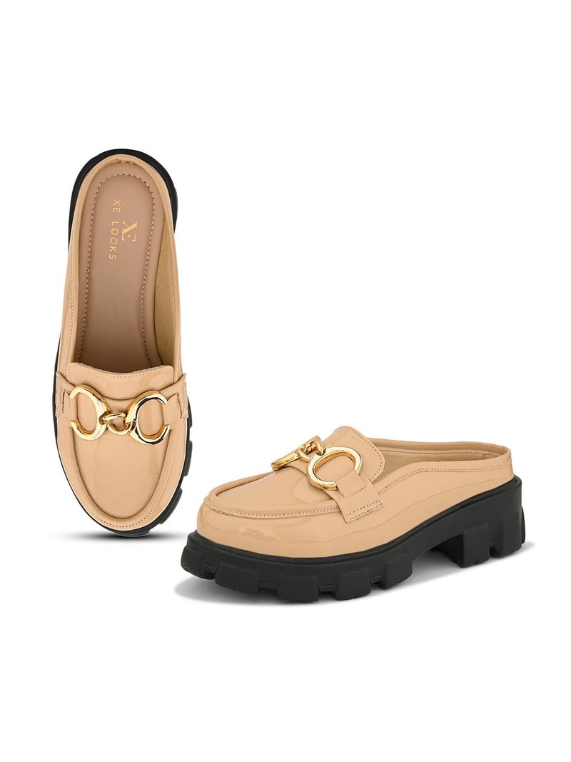 XE Looks Stylish Patent Beige Loafers with Rugged Sole and Gold Chain Design for Girls & Women - Image 1