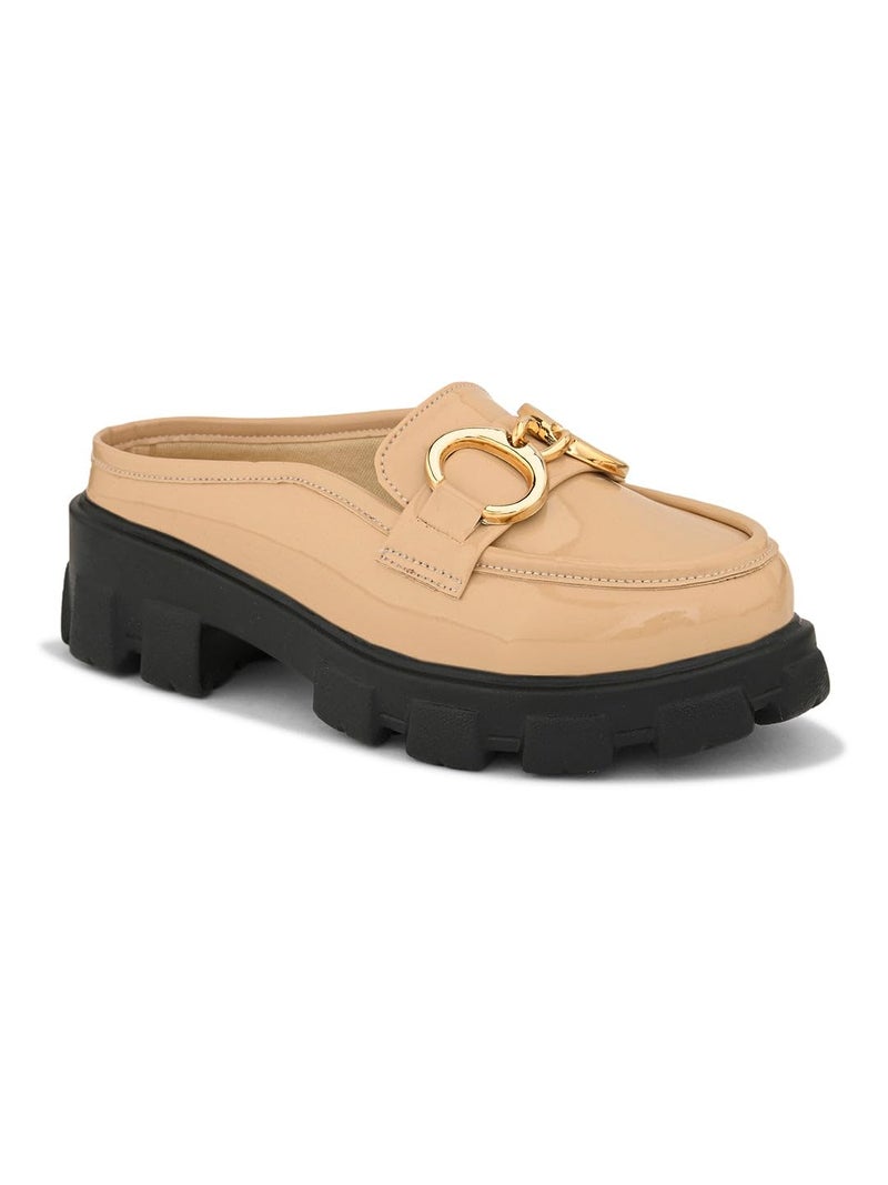 XE Looks Stylish Patent Beige Loafers with Rugged Sole and Gold Chain Design for Girls & Women - Image 5