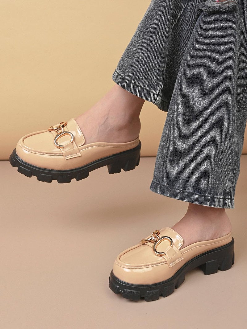 XE Looks Stylish Patent Beige Loafers with Rugged Sole and Gold Chain Design for Girls & Women - Image 4