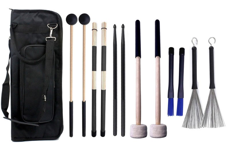 TUOREN Large Drum Sticks Bag with 6 Pair Drum Stick and Mallet Set Nylon Drum Sticks, Bamboo Jazz Drum sticks, Retractable Drum Wire Brushes, Bass Drum Mallet for Jazz Folk Rock Band Drummers - Image 1