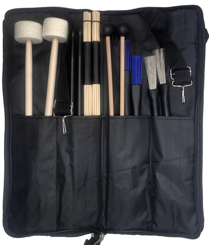 TUOREN Large Drum Sticks Bag with 6 Pair Drum Stick and Mallet Set Nylon Drum Sticks, Bamboo Jazz Drum sticks, Retractable Drum Wire Brushes, Bass Drum Mallet for Jazz Folk Rock Band Drummers - Image 2