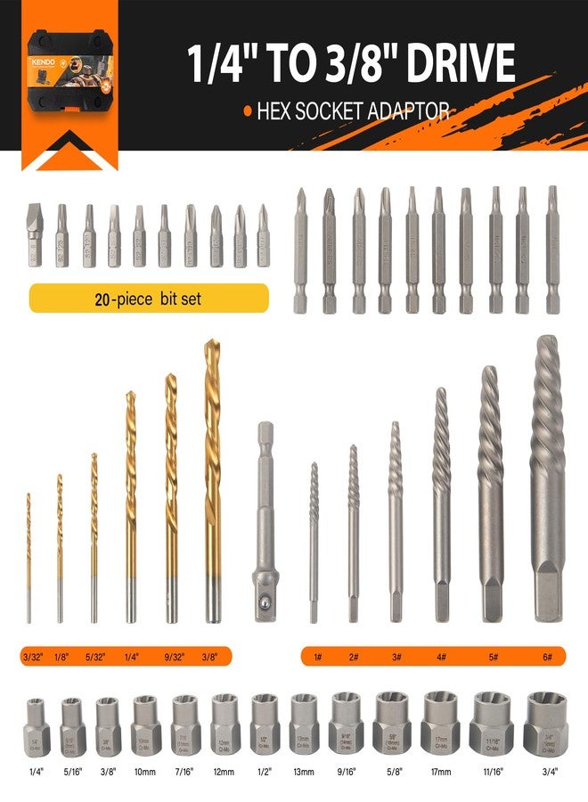 كيندو مجموعة مستخرج البراغي من KENDO، مكونة من 46 قطعة - مجموعة مستخرج البراغي التالفة من HSS، لإزالة البراغي والصواميل والمسامير المفككة، ومزيل صواميل العجلة مع محول مقبس سداسي من ¼ بوصة إلى ⅜ بوصة - Image 2