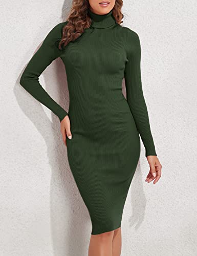 PrettyGuide Women Slim Fit Ribbed Turtleneck Long Sleeve Midi Knit Sweater Dress Army Green M - Image 3