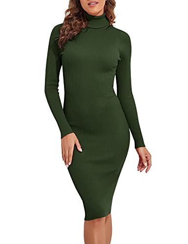 PrettyGuide Women Slim Fit Ribbed Turtleneck Long Sleeve Midi Knit Sweater Dress Army Green M - Image 1