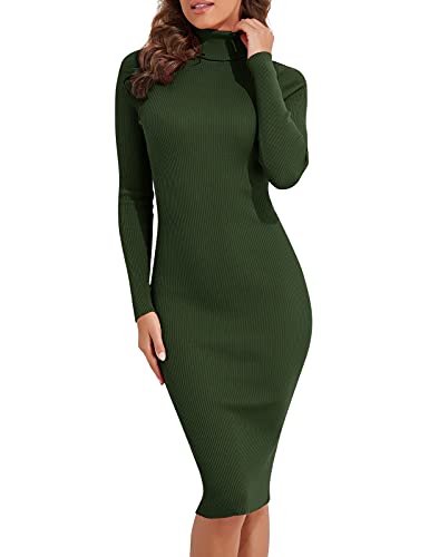 PrettyGuide Women Slim Fit Ribbed Turtleneck Long Sleeve Midi Knit Sweater Dress Army Green M - Image 2