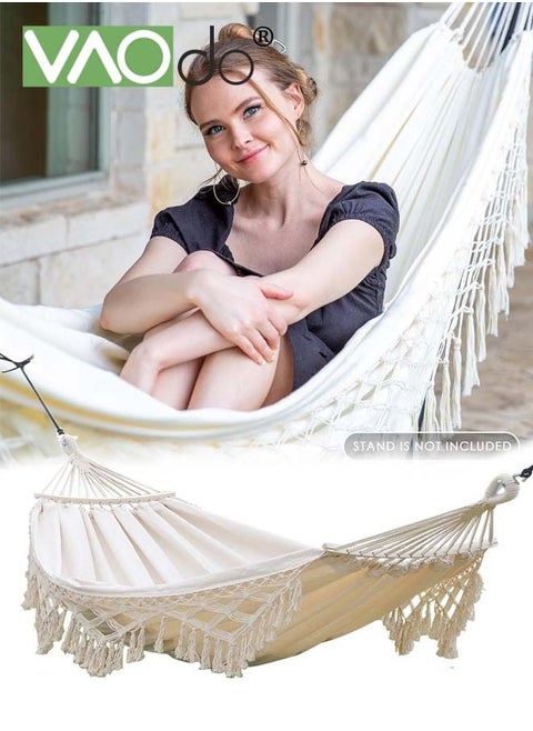 Hammock Swing with tassels Canvas Material Portable Travel Hammock Two Anti Roll Balance Beam and Metal Carabiner Ropes for Outdoor Indoor Swing