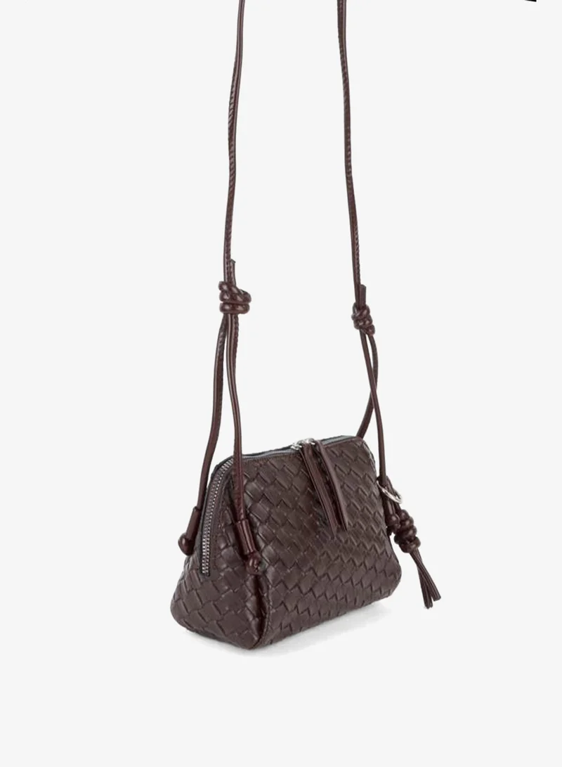 Women's Nazen Brown Knit Design Synthetic Leather Small Size Zipper Closure Hand, Arm, and Shoulder Bag.