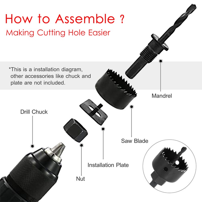 Bi-metal Hole Saw Kit 6Pcs Assorted Heavy-duty Hole Saw Set with 4 Saw Blades of 32/38/44/54mm, 1 Mandrel, 1 Hex Key for Metal Wood Plasterboard PVC Plastic Downlight - Image 3