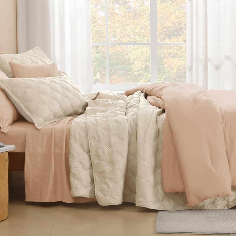 Litanika Oversized King Quilt Bedding Set, 128x120 Inch Super King Oatmeal Comforter Bedspreads Lightweight Bed Coverlets Boho Bedding Cover Decor All Season,3 Pieces (1 Quilt, 2 Pillowcases) - Image 3