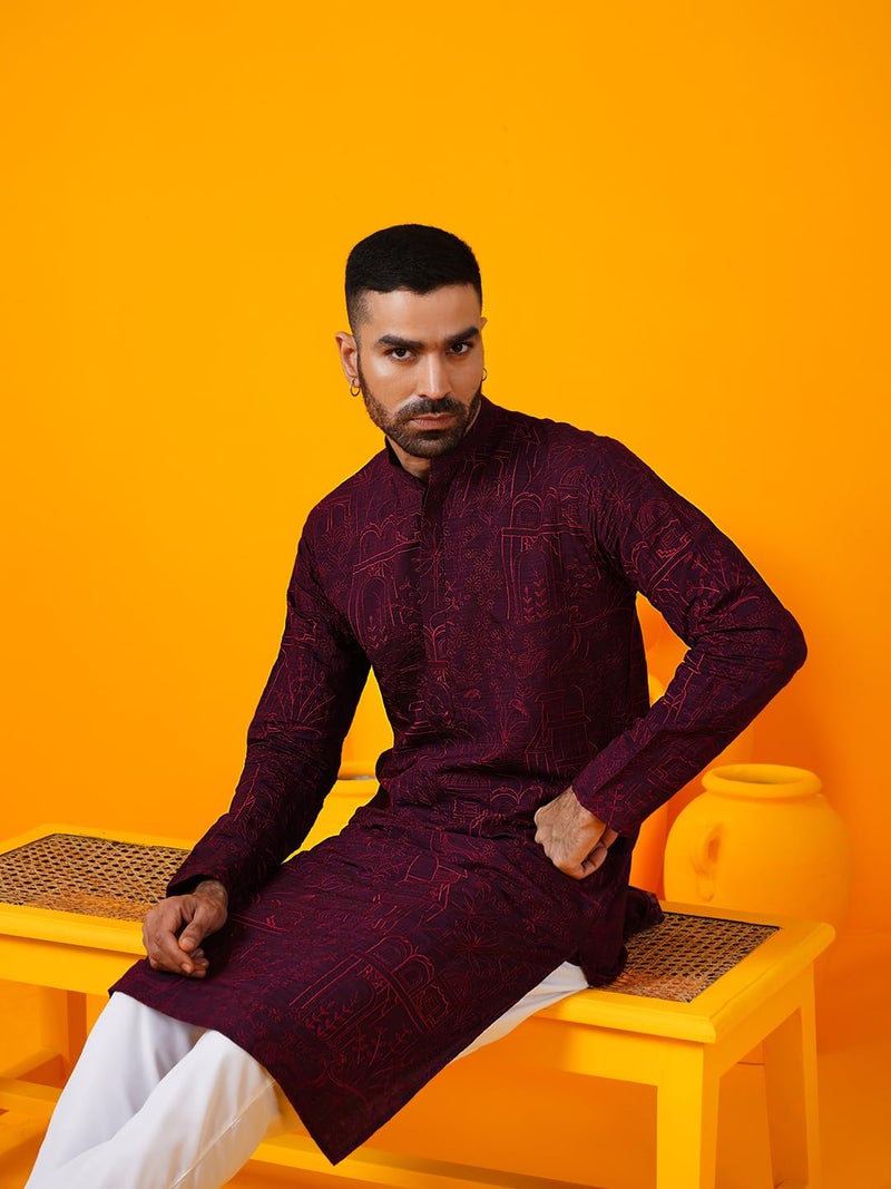 SOJANYA (Since 1958 Men's Cotton Silk Kantha Thread Embroidered Wine Long Kurta - Image 2