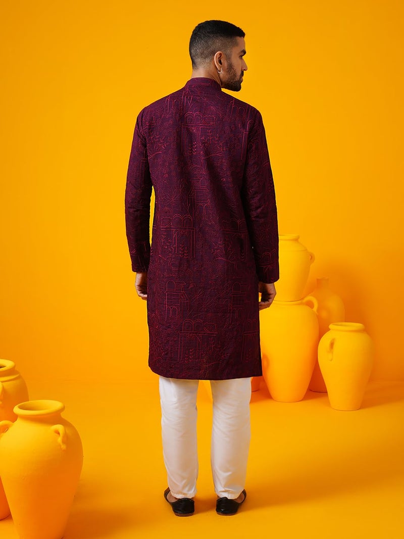 SOJANYA (Since 1958 Men's Cotton Silk Kantha Thread Embroidered Wine Long Kurta - Image 4