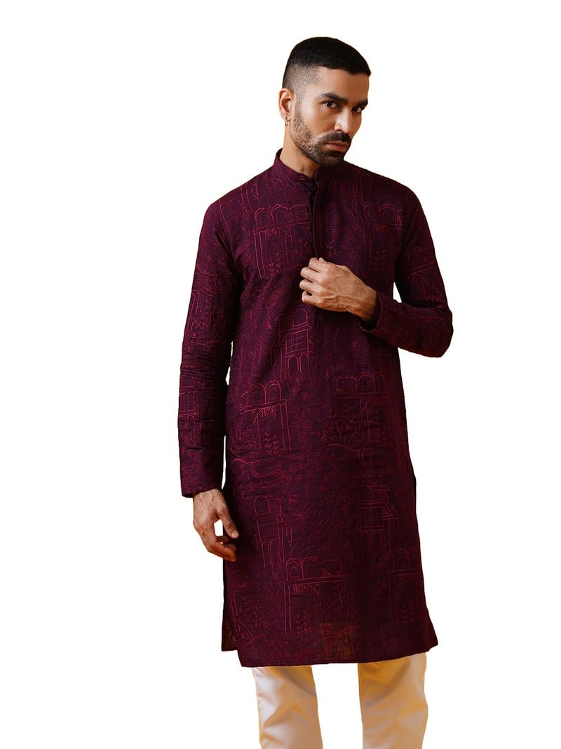 SOJANYA (Since 1958 Men's Cotton Silk Kantha Thread Embroidered Wine Long Kurta - Image 1