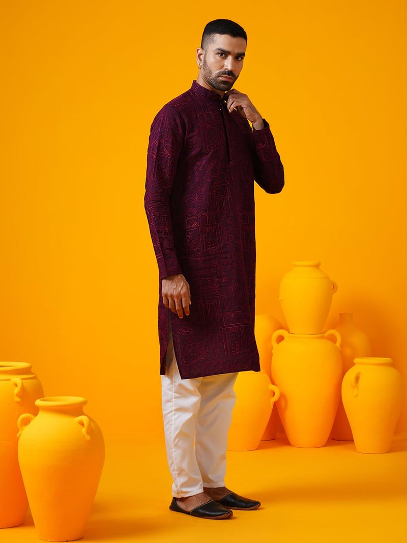 SOJANYA (Since 1958 Men's Cotton Silk Kantha Thread Embroidered Wine Long Kurta - Image 3