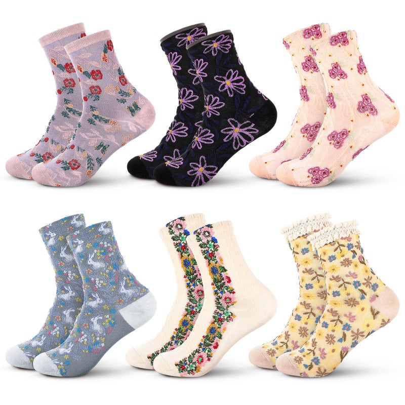 Glitopper 6 Pairs Women's Cotton Ankle Crew Socks Cute Flower Vintage Patterned Casual Fashion Funny Novelty Ladies Girls Floral Socks Breathable Girly Pretty Aesthetic Clothes Size 5.5-8(Flowers) - Image 1