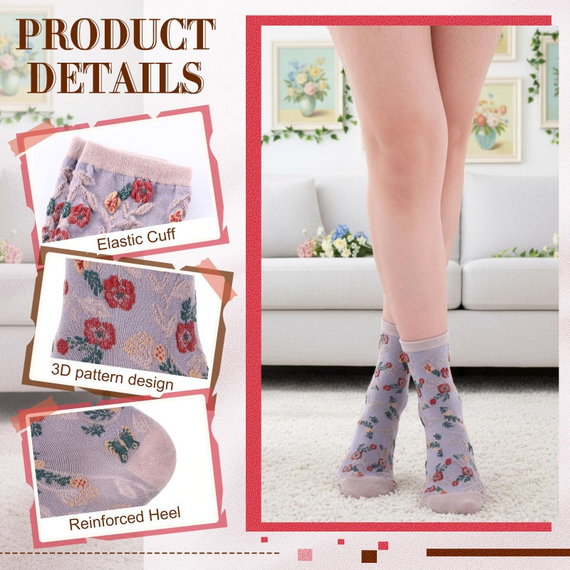 Glitopper 6 Pairs Women's Cotton Ankle Crew Socks Cute Flower Vintage Patterned Casual Fashion Funny Novelty Ladies Girls Floral Socks Breathable Girly Pretty Aesthetic Clothes Size 5.5-8(Flowers) - Image 3