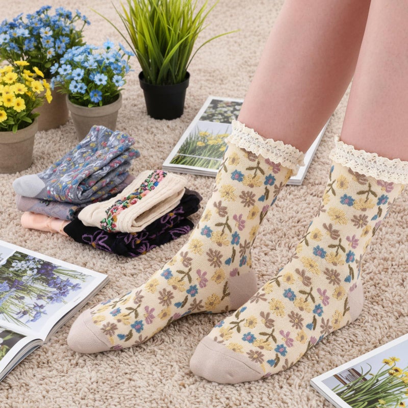 Glitopper 6 Pairs Women's Cotton Ankle Crew Socks Cute Flower Vintage Patterned Casual Fashion Funny Novelty Ladies Girls Floral Socks Breathable Girly Pretty Aesthetic Clothes Size 5.5-8(Flowers) - Image 2