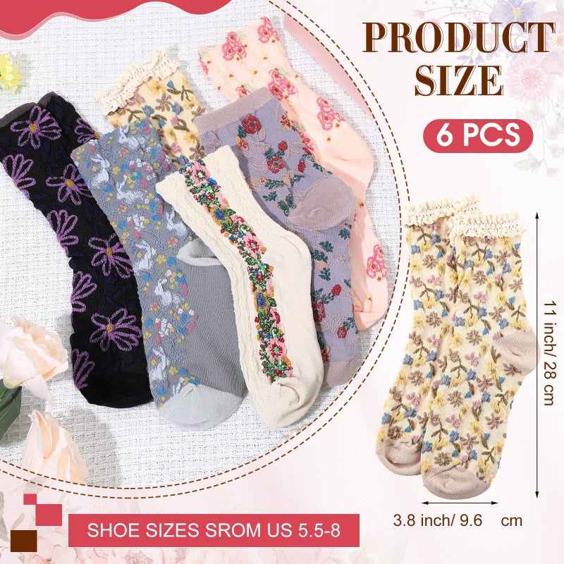 Glitopper 6 Pairs Women's Cotton Ankle Crew Socks Cute Flower Vintage Patterned Casual Fashion Funny Novelty Ladies Girls Floral Socks Breathable Girly Pretty Aesthetic Clothes Size 5.5-8(Flowers) - Image 4