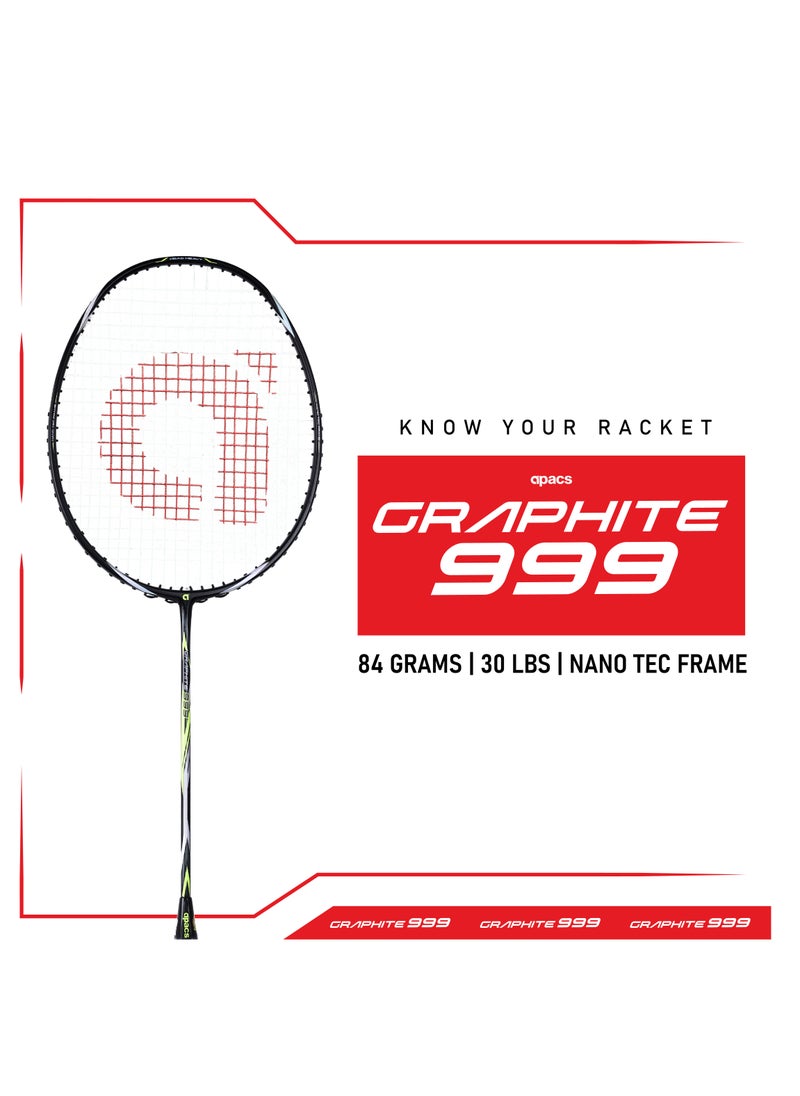 Graphite 999 Unstrung Badminton Racket – Ultra-Durable Japanese Graphite Frame, Lightweight, 30 LBS Max Tension, High-Speed Performance, Comfortable 4-inch Grip, Full Cover