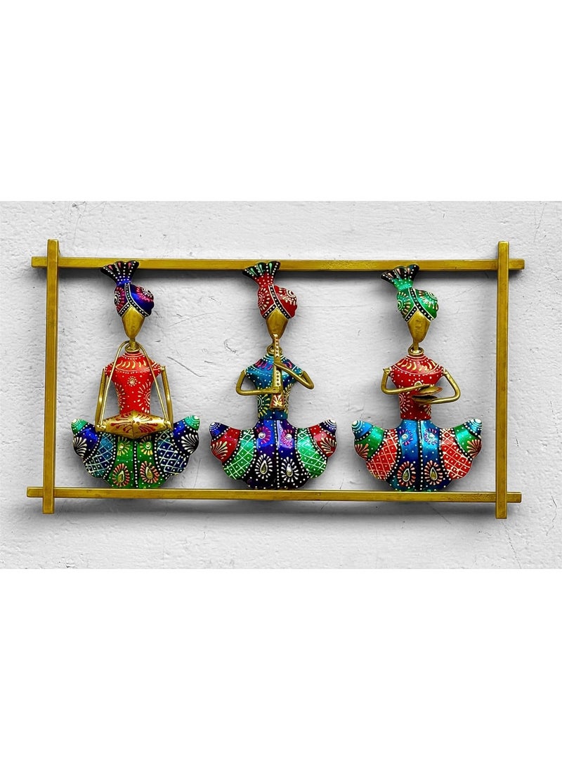 pranjals house - pranjals house Decorative Metal Handpainted Rustic Iron Wall Hanging of 3 Rajasthani Musician Art Sculpture for Home Office Wall Decor/Wall Hanging (19 x 10.5 Inches) - Image 1