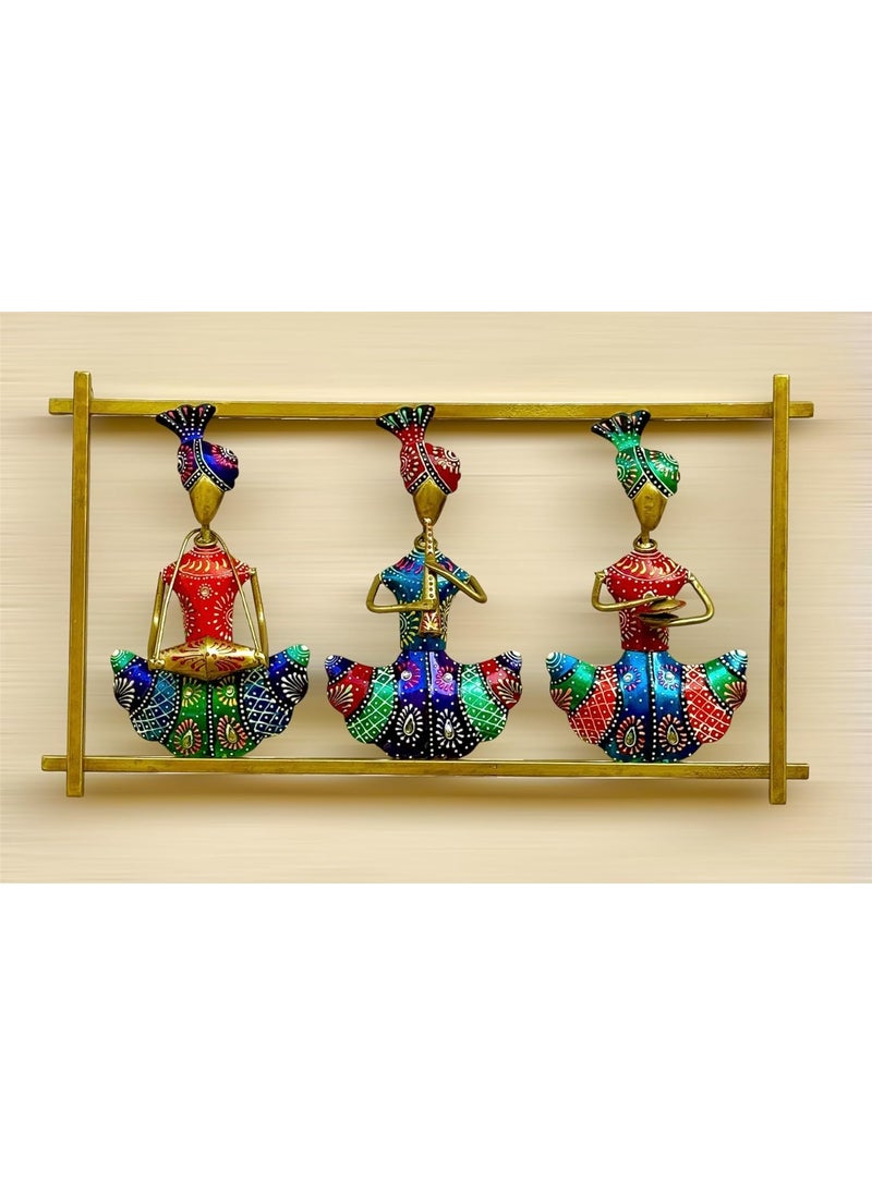 pranjals house - pranjals house Decorative Metal Handpainted Rustic Iron Wall Hanging of 3 Rajasthani Musician Art Sculpture for Home Office Wall Decor/Wall Hanging (19 x 10.5 Inches) - Image 1
