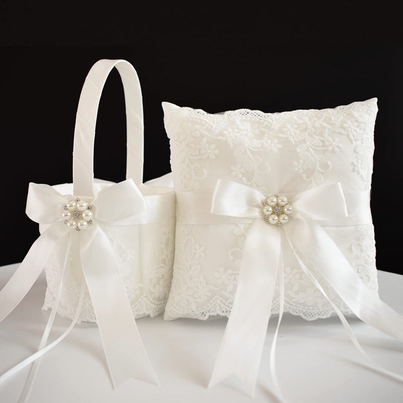 ATAILOVE ATAILOVE Ivory Wedding Flower Girl Basket and Ring Bearer Pillow Set Satin Fairy Lace Flower Baskets for Flower Girl 