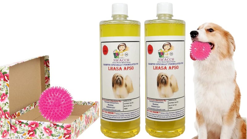 swacch Shampoo | Puppy Safe Shampoo | PH Balanced | Ditch to Itch for Lhasa Apso Dog Shampoo 2 Litre (Lemon) + Spike Ball Chew Toy Combo Pack - Image 1