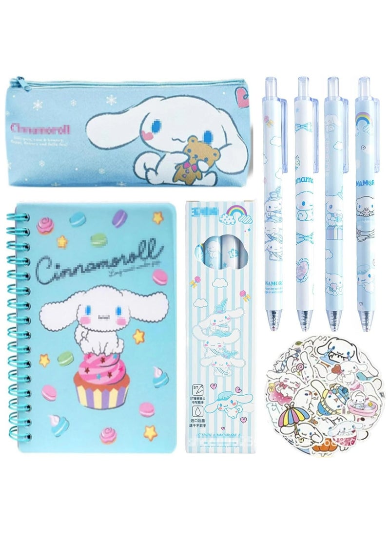 CMGTYYD 4 Pieces School Supplies Set, Cute Stationary Set, Stationery Gifts, Includes Cartoon Journal Pencil Case Ballpoint Pen Stickers for Girls (Blue) 