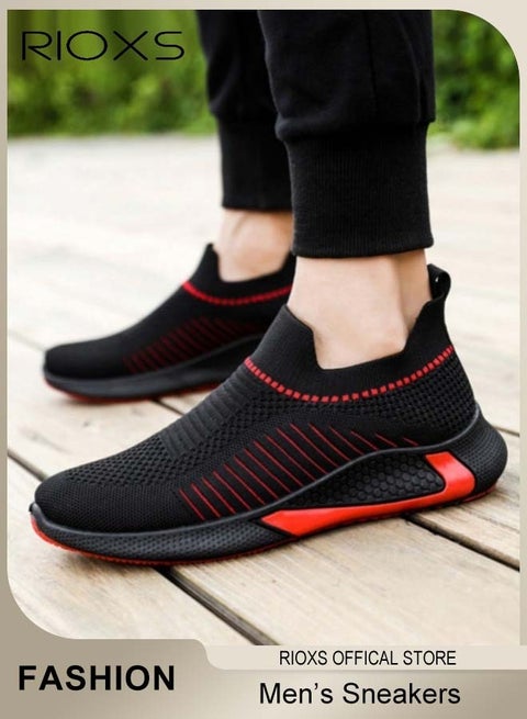 Men's Athlesiure Shoes, Lightweight Outdoor Sneakers, Anti-slip Running Shoes for Men, Classic Low Top Sneakers, Comfy High Elastic Hiking Shoes, Casual Athletic Walking Shoes, Breathable Sports Shoes for Climbing Kayaking Climbing, Fashion Football Shoes Basketball Shoes, Black Red Mens Footwear