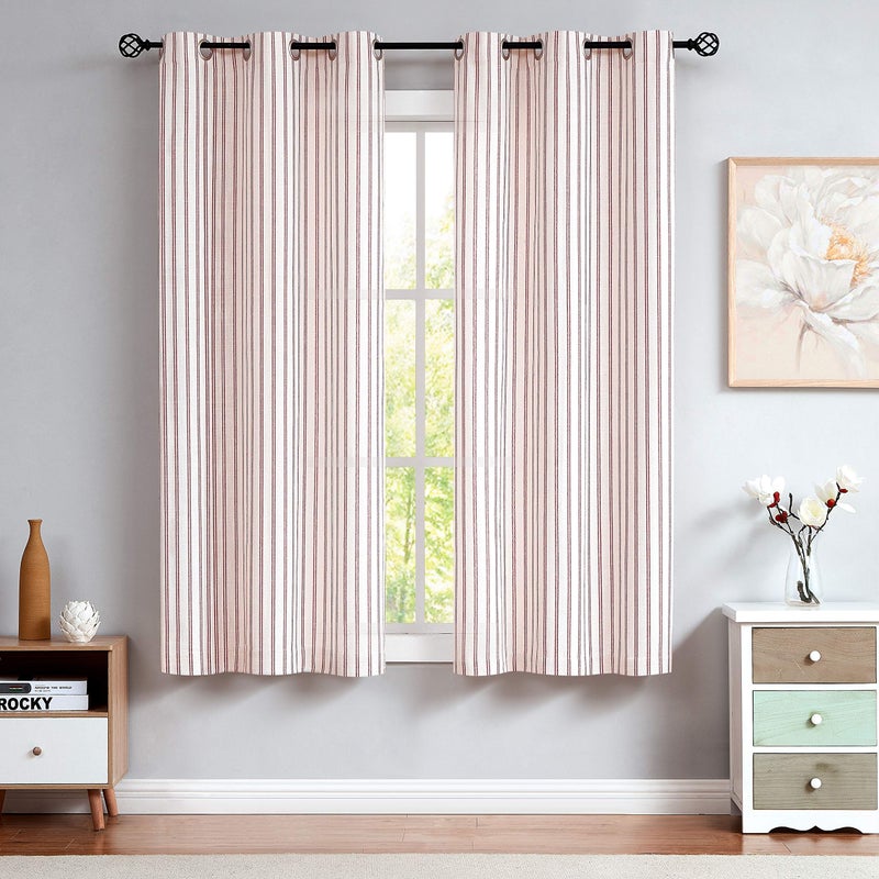 Randall Stripe Farmhouse Window Curtain Panels Linen Rustic Yarn Dyed Heavy Semi Sheer Drapes for Living Room Window Treatment Sets 40x63x2 Red