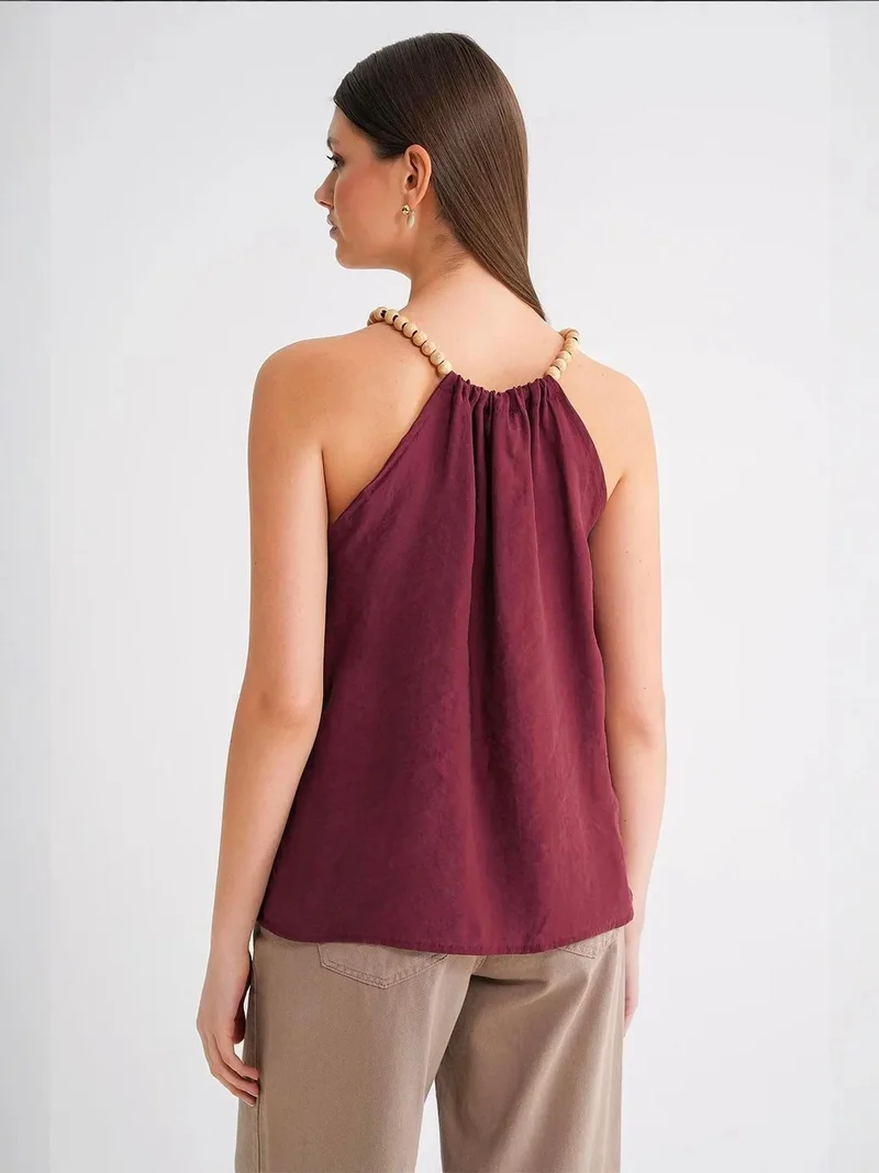 MixRay Burgundy Red Bead-Strap Halter Neck Sleeveless Woven Top for Women | Best Price UAE