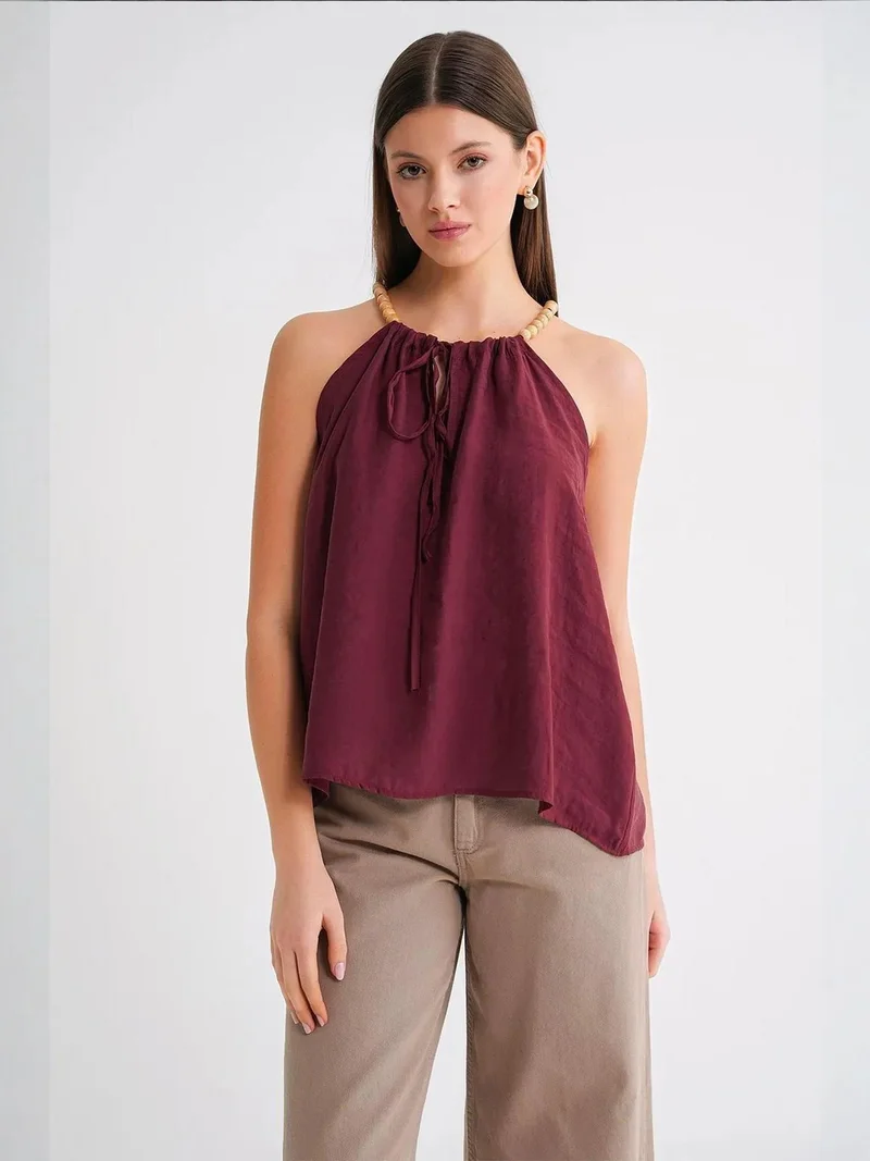 MixRay Burgundy Red Bead-Strap Halter Neck Sleeveless Woven Top for Women | Best Price UAE