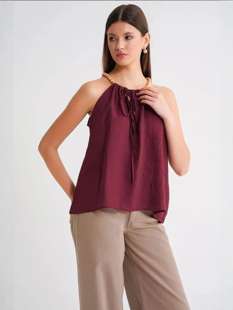 MixRay Burgundy Red Bead-Strap Halter Neck Sleeveless Woven Top for Women | Best Price UAE