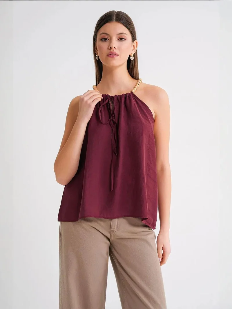 MixRay Burgundy Red Bead-Strap Halter Neck Sleeveless Woven Top for Women | Best Price UAE