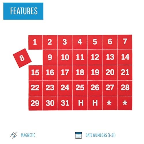 MasterVision Magnetic 1-31 Calendar Board Numbers, Set of 35-1" Calendar Dates, White on Red, Perfect Magnets for Dry Erase Planning Boards - Image 3