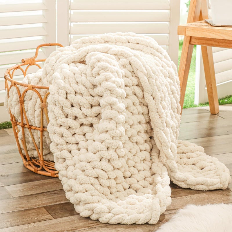 Bigacogo Chunky Knit Throw Blanket for Couch, 40x60 inches, 100% Hand Knitted with Thick Jumbo Chenille Yarn, Cozy Soft Large Rope Knot Cable Crochet Blankets for Sofa Bed Living Room, Beige - Image 1