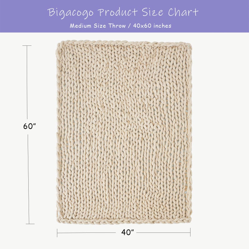Bigacogo Chunky Knit Throw Blanket for Couch, 40x60 inches, 100% Hand Knitted with Thick Jumbo Chenille Yarn, Cozy Soft Large Rope Knot Cable Crochet Blankets for Sofa Bed Living Room, Beige - Image 2